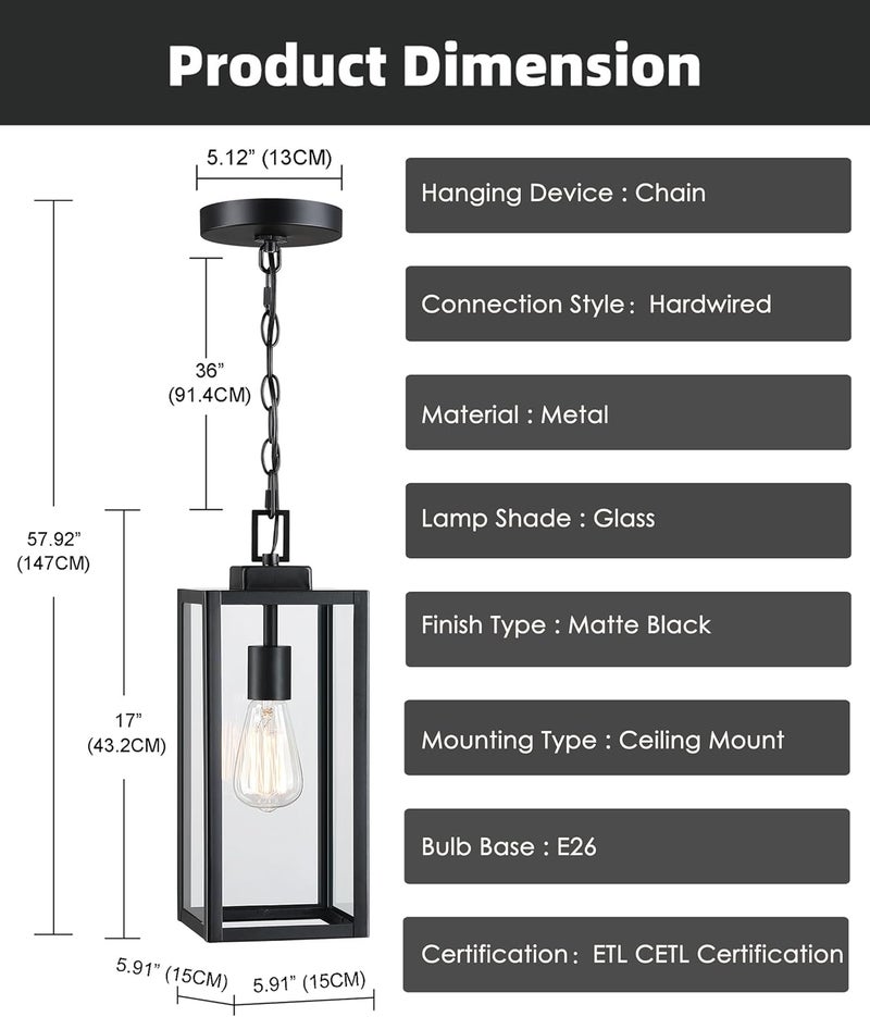Faymart lighting إضاءة معلقة خارجية بقطر 17 بوصة للمدخل، مصنوعة من المعدن والزجاج، مصباح معلق للسقف للإضاءة الخارجية، مصباح معلق للمدخل، E26 - Image 2